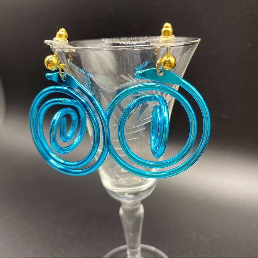 Blue Metal Spirals Long Dangle Post Pierced Earrings